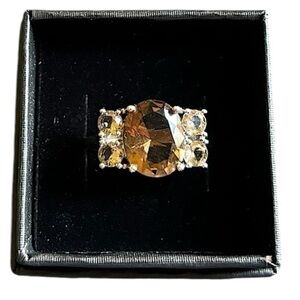 925 Sterling Silver & Smokey Quartz Ring Size 8.5 w/ 4 Yellow CZ Diamonds